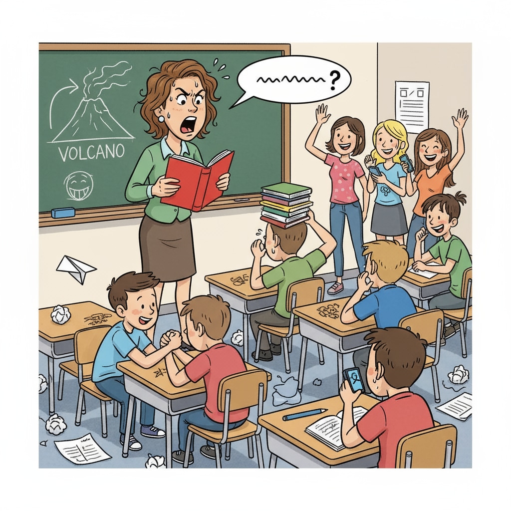 A teacher is seen looking stressed as students in the classroom are being unruly, some talking loudly and not paying attention. A stressed teacher dealing with student behavior problems and lacking support, leading to professional frustration.