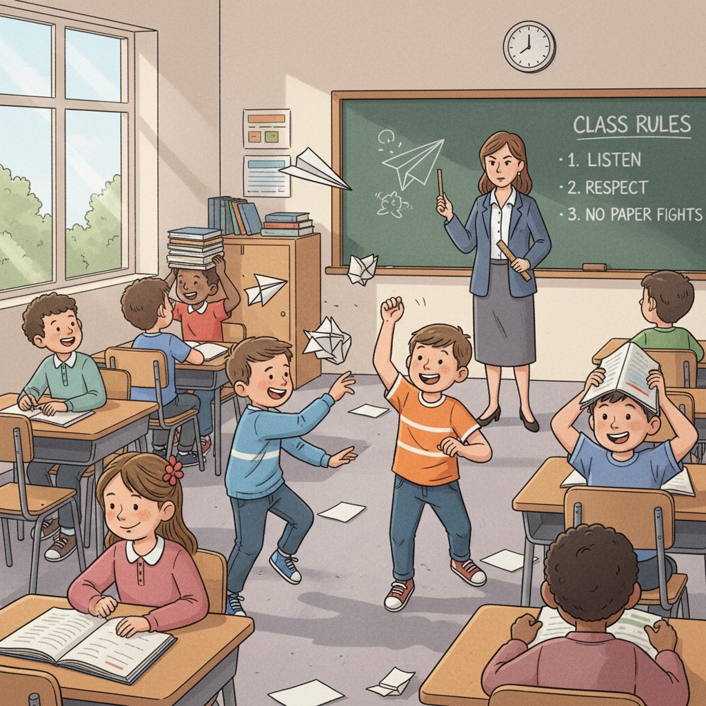 A group of students are misbehaving in a classroom, with some throwing paper and others laughing disruptively. Students misbehaving, highlighting the lack of support teachers face in managing such behavior and the resulting professional setbacks.