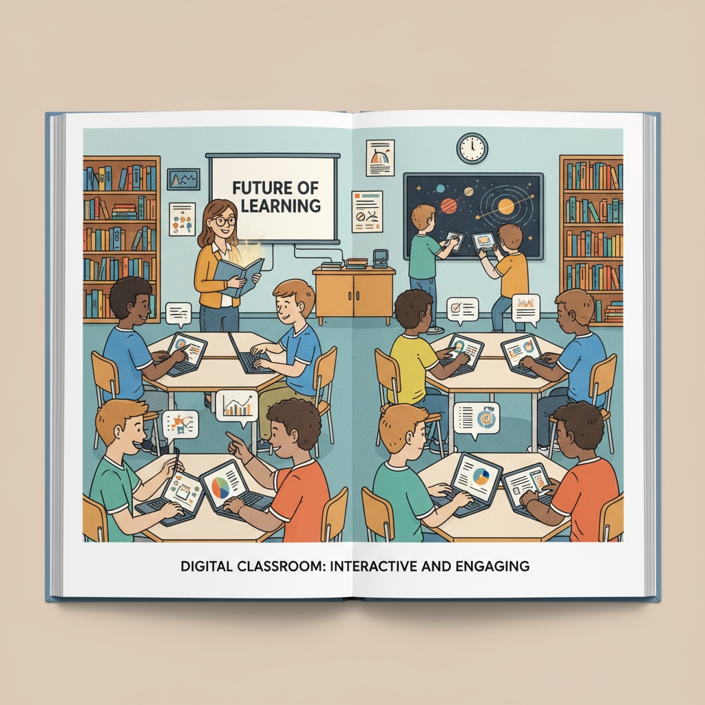 A classroom scene where students are actively using digital devices such as tablets and laptops to engage in learning activities. Students using digital devices for learning in line with modern learning habits