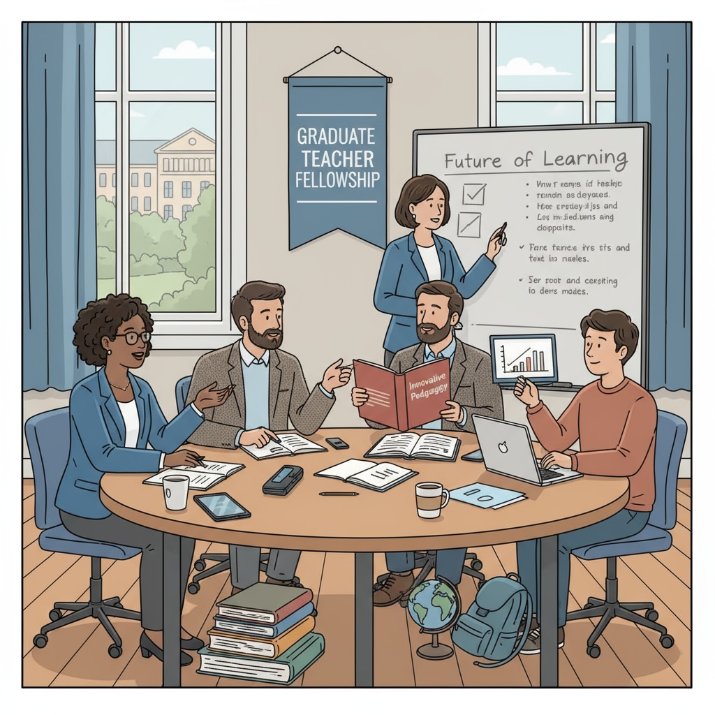 A group of educators sitting around a table, discussing and sharing ideas about new teaching methods in a graduate program environment. Educators discussing new teaching methods in a graduate program related to student learning habits