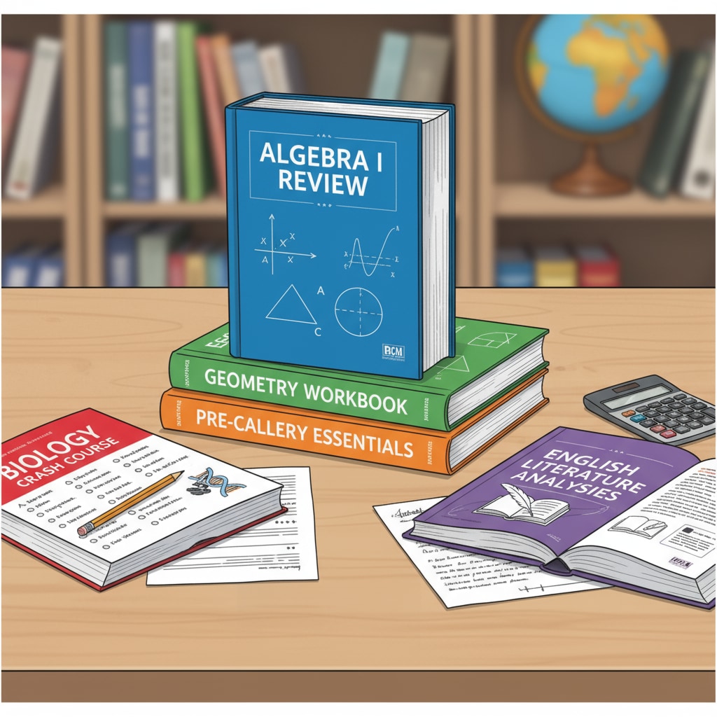 A collection of high school review books, including algebra workbooks, neatly arranged on a table. High school review books including algebra workbooks