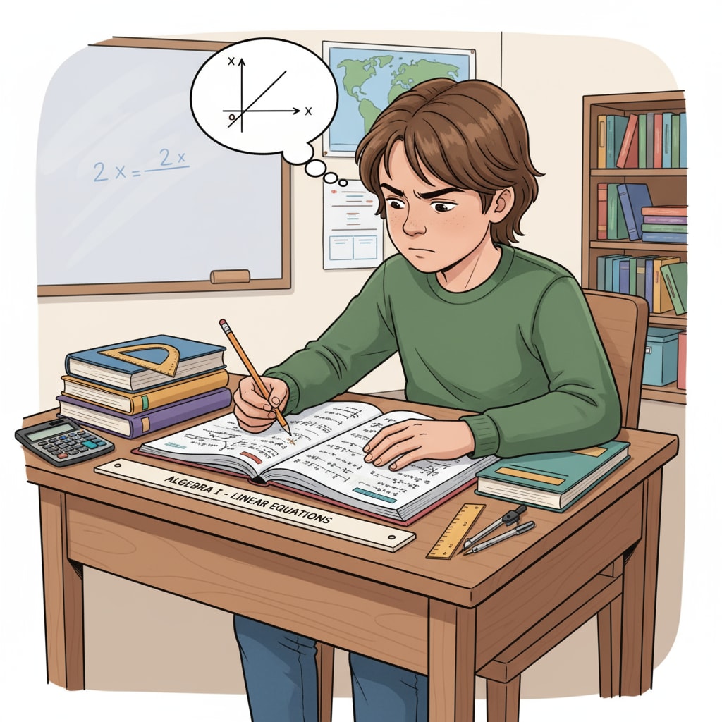 A student sitting at a desk, concentrating on studying an algebra workbook. A student studying an algebra workbook