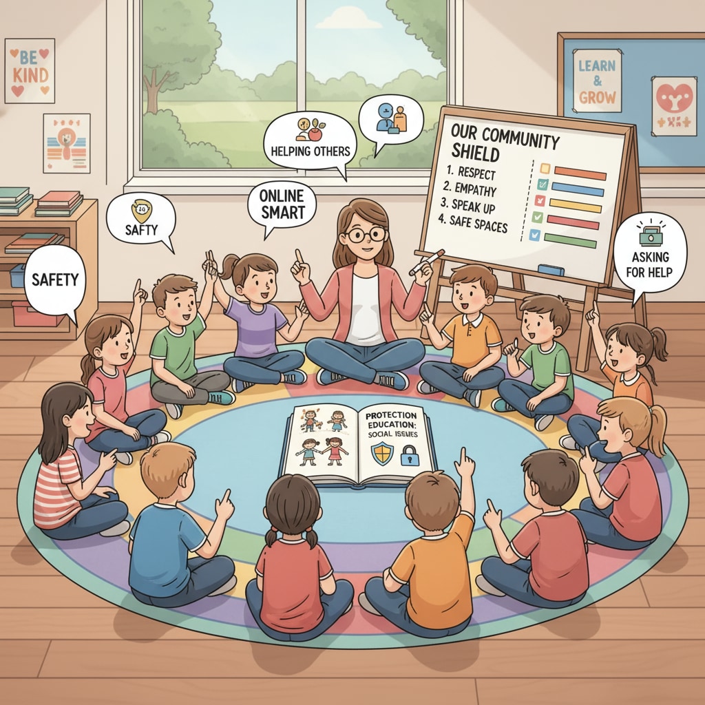 Students discussing social issues related to protection education in a K-12 school classroom.