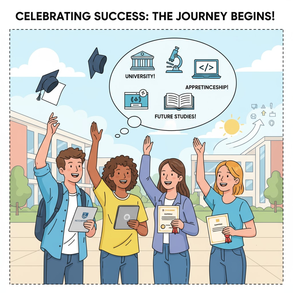 An image showing students celebrating their A-Levels results and looking forward to further education A-Levels graduates celebrating results and aiming for foundation year courses
