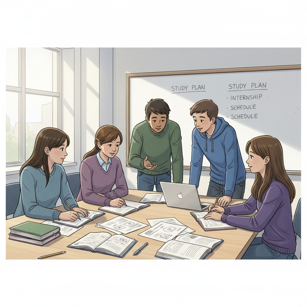 A group of high school students are sitting around a table, discussing and writing down their study and internship schedules, with books and papers scattered on the table. High school students discussing internship working hours, academic balance, and time management