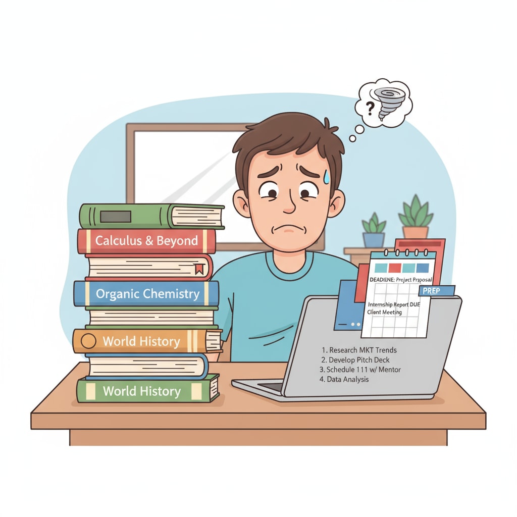 A student is sitting at a desk, looking worried, with a pile of books on one side and a laptop open showing internship-related tasks on the other side. A stressed student trying to manage internship and academic tasks
