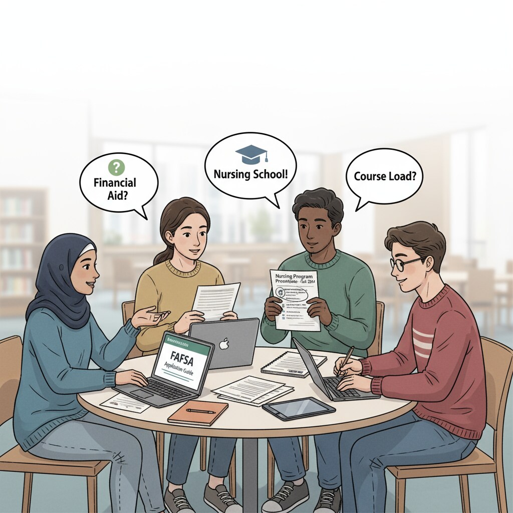 A group of students is engaged in a discussion about FAFSA and the nursing prerequisites they need to take. They are looking at papers and laptops, sharing their thoughts. Students discussing FAFSA and nursing prerequisites
