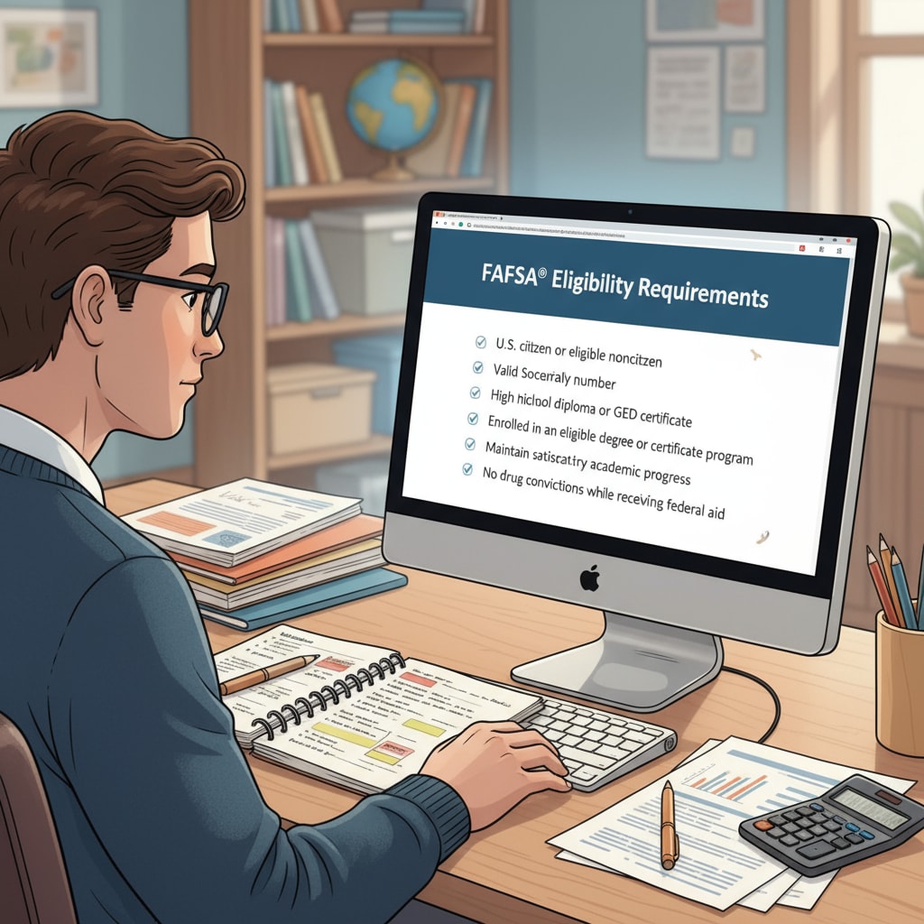 A student is sitting in front of a computer screen, intently looking at the FAFSA eligibility requirements displayed. There are notes and papers beside the computer. Student viewing FAFSA eligibility requirements