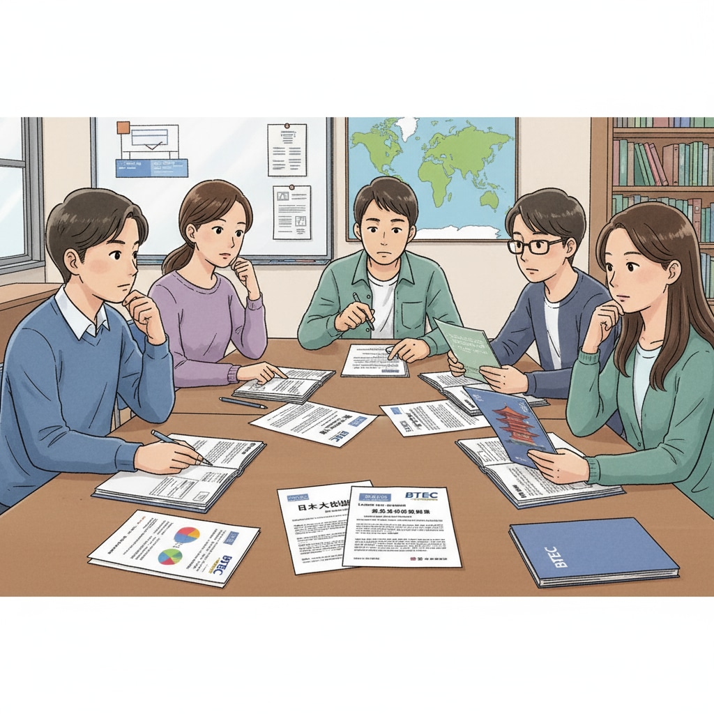 A group of students are sitting around a table, looking at documents related to BTEC qualifications and Japanese university applications, engaged in a serious discussion. Students discussing BTEC qualifications for Japanese university applications