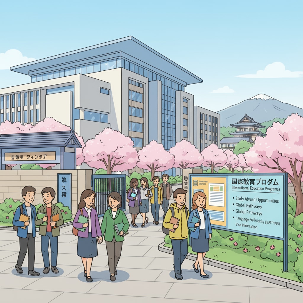 The campus of a Japanese university is bustling with students from different countries. There are signs around the campus providing information about international education and admission requirements. Japanese university campus scene related to international students and education