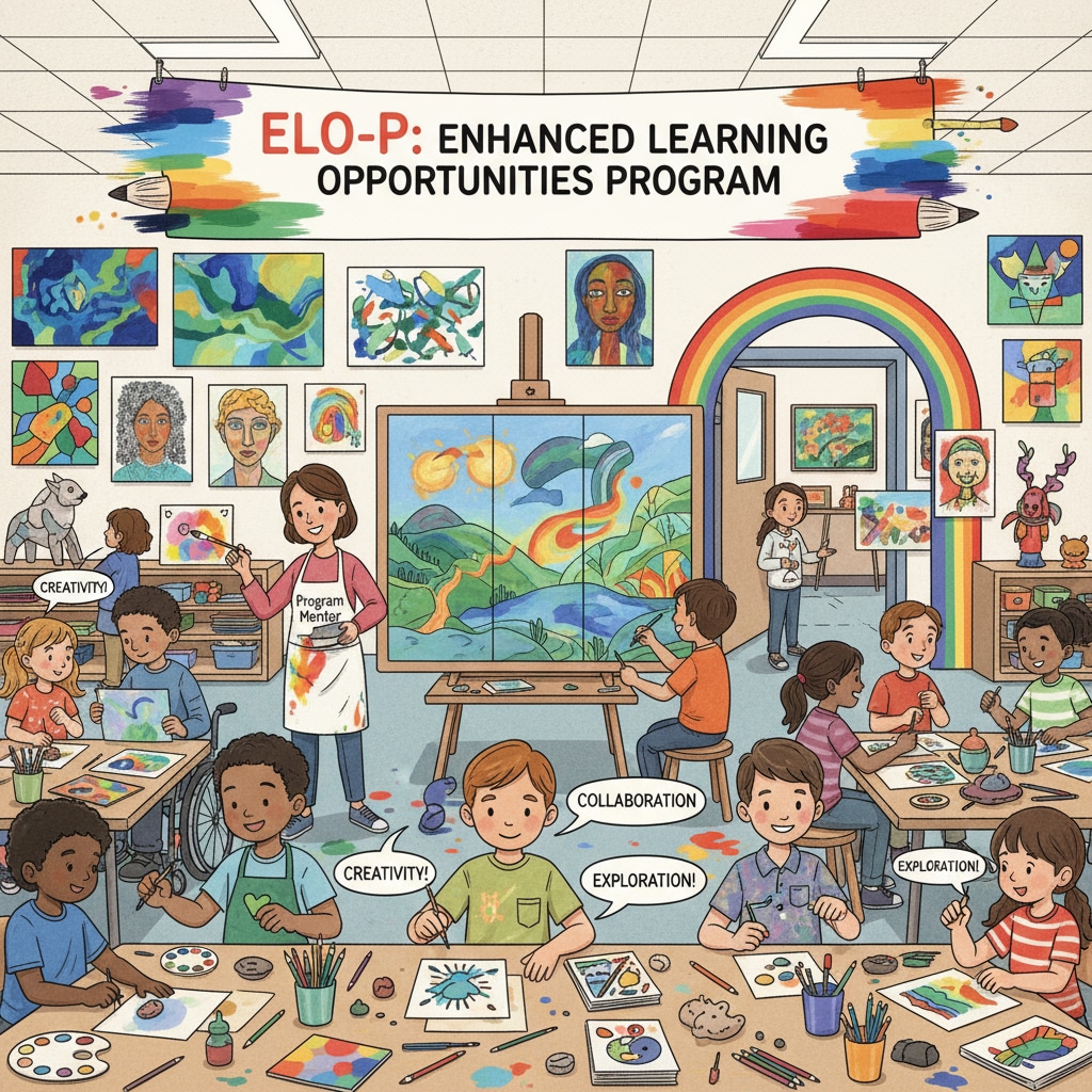 Students are actively participating in an art activity supported by ELO-P. There are colorful artworks on display, indicating the rich learning experience provided by the program. Students enjoying extended learning opportunities through an ELO-P supported art activity with educational funds utilization