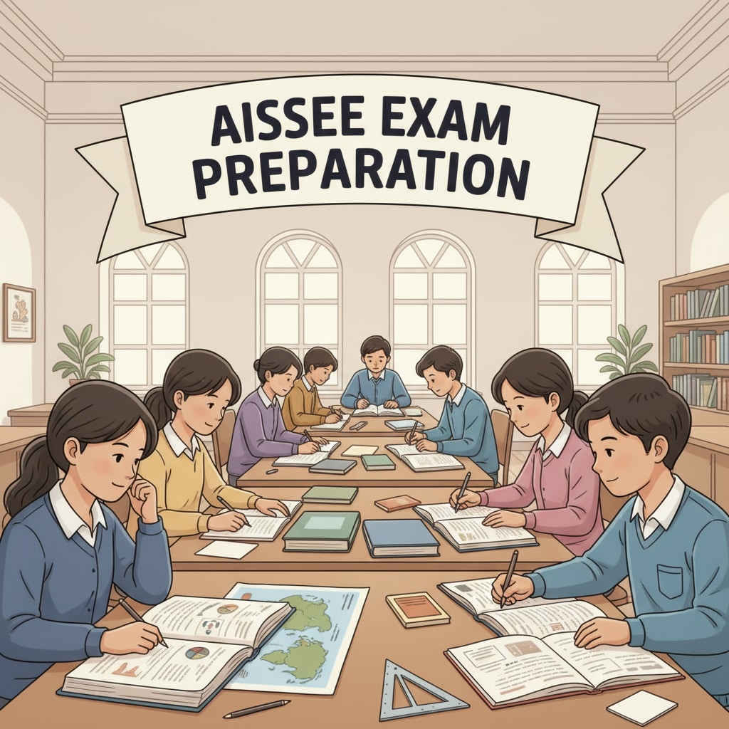 A group of students sitting at desks in a study hall, books open, focused on preparing for the AISSEE exam. Students preparing for AISSEE Sainik School admissions exam