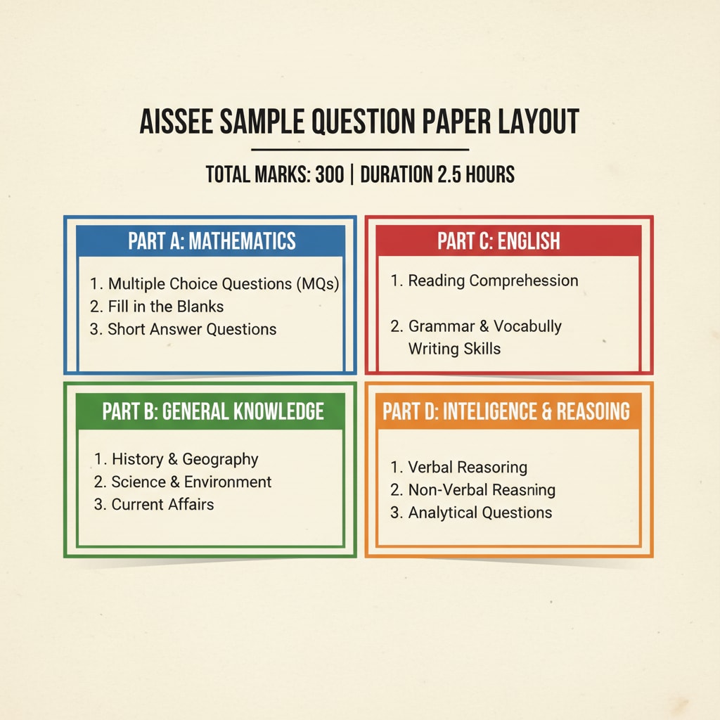 A sample layout of an AISSEE question paper showing different sections and question types. AISSEE question paper layout for Sainik School admissions exam