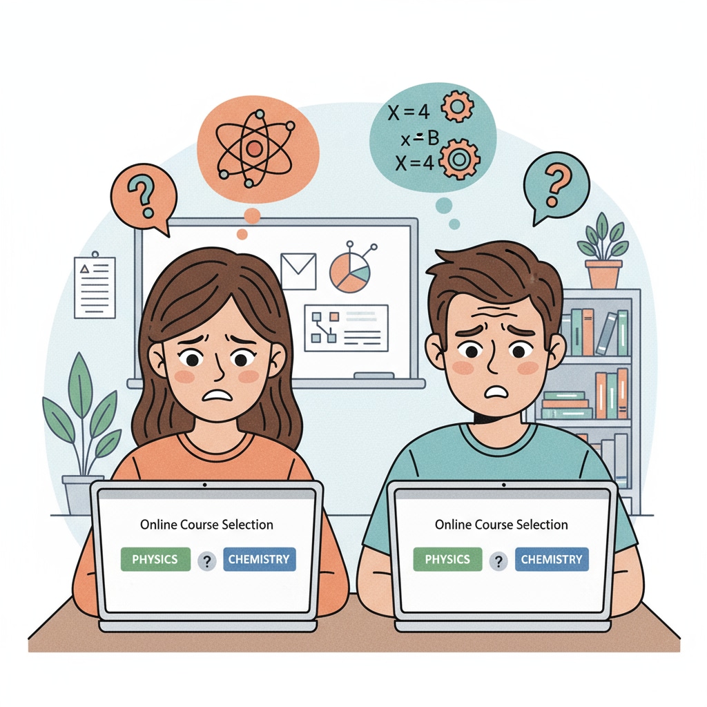 Two students are sitting in front of their laptops, looking perplexed as they try to decide between physics and chemistry courses in an online learning platform. Australian Year 12 students choosing between physics and chemistry in online learning for medical field