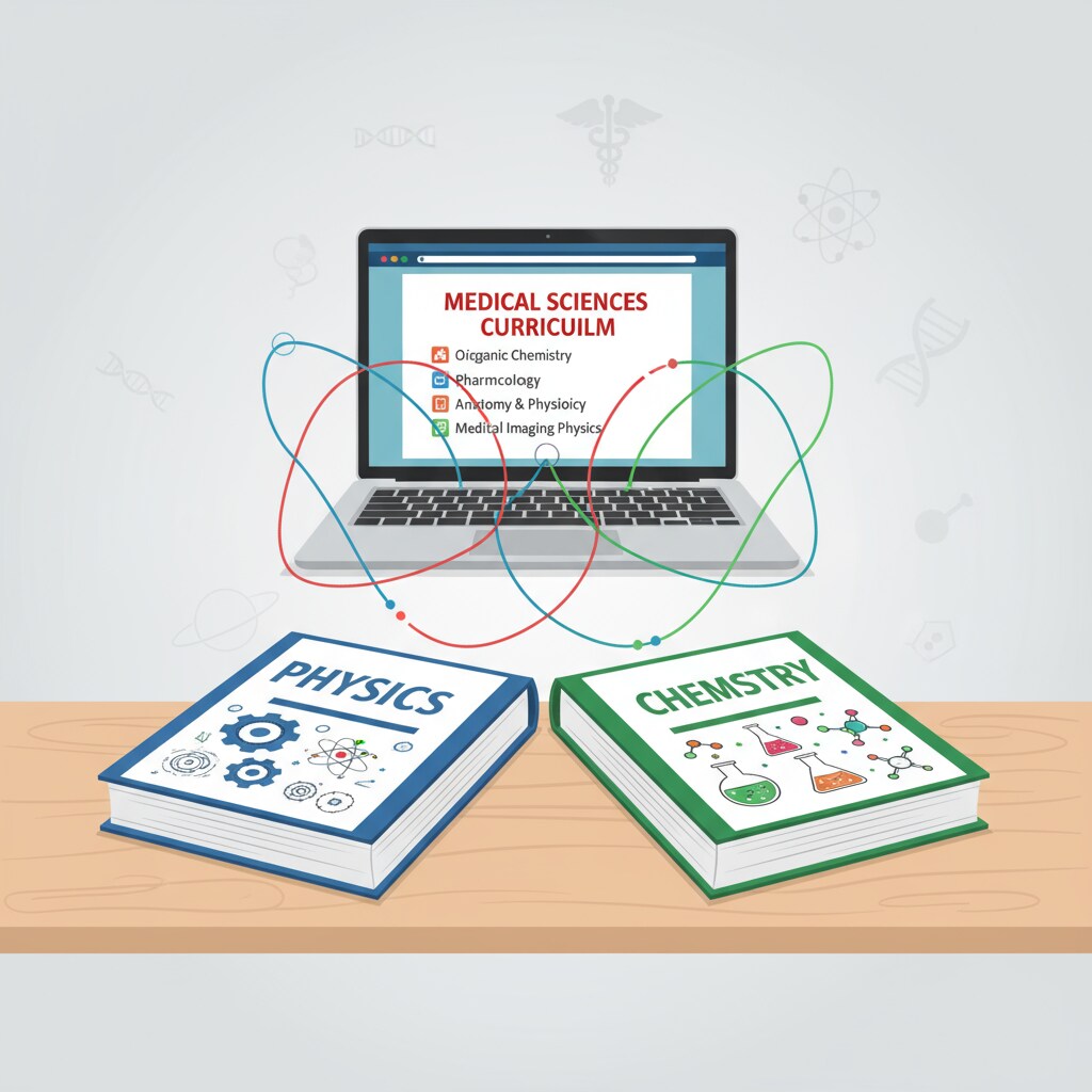 There are books on physics and chemistry placed side by side, with a laptop screen showing details of medical courses, symbolizing the connection between these subjects and the medical field. Physics and chemistry books with medical course details on laptop for Australian students