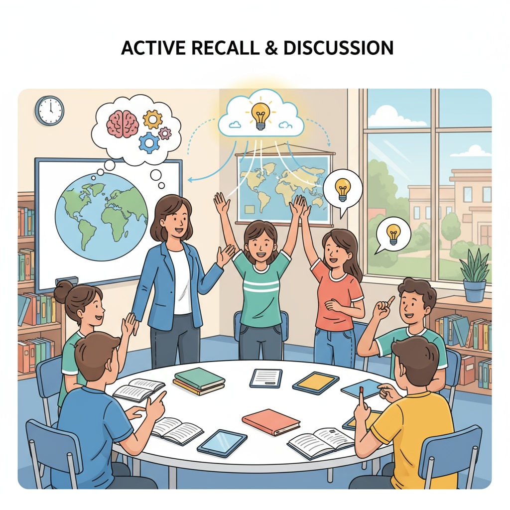 Students are seen actively participating in a class discussion, trying to recall and share knowledge they've learned. Students actively recalling knowledge during a K12 class