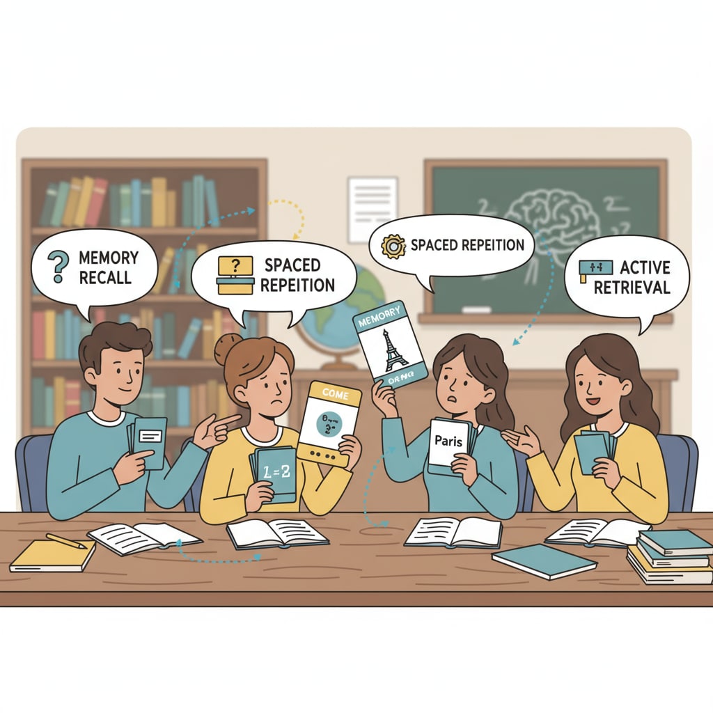 A group of students is shown using flashcards to practice active recall, with focused expressions on their faces. Students using flashcards for active recall in a K12 setting