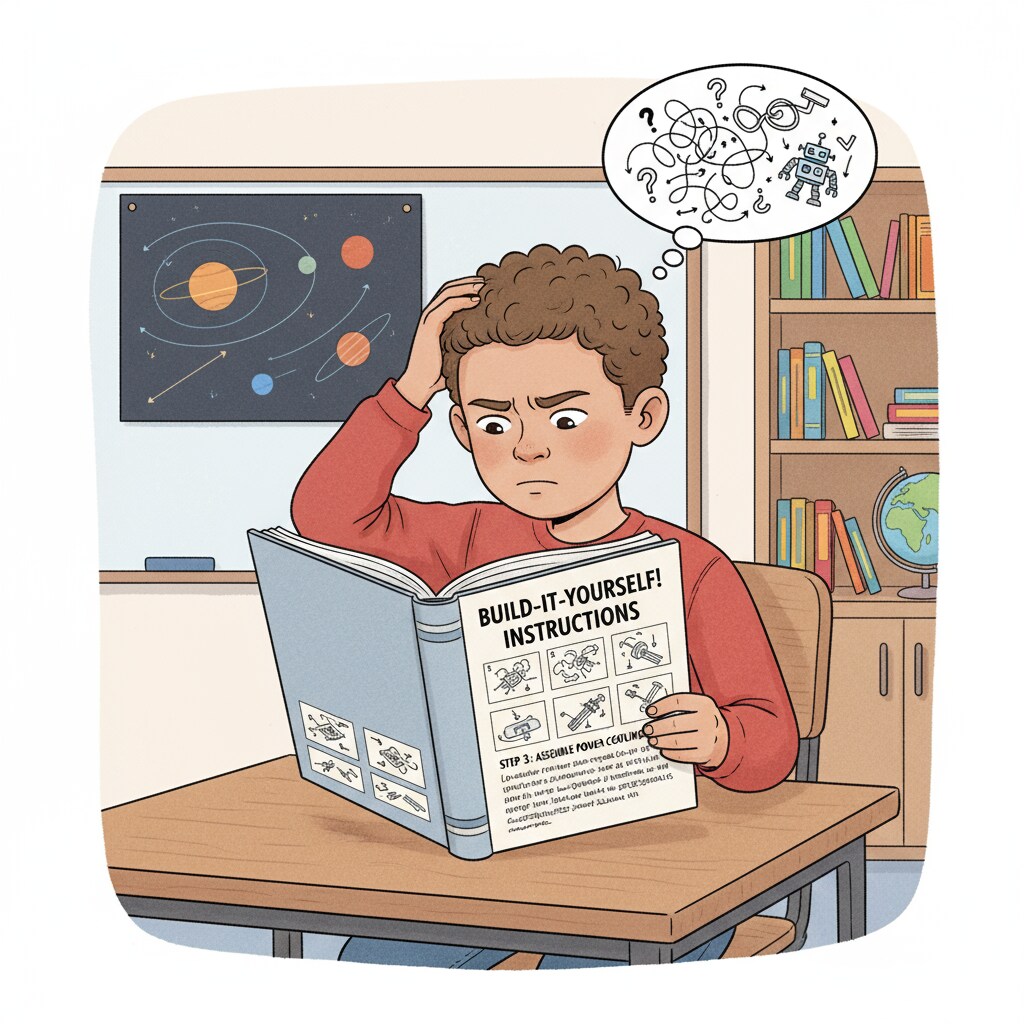 A student looking confused while reading a set of instructions A student struggling with instruction comprehension