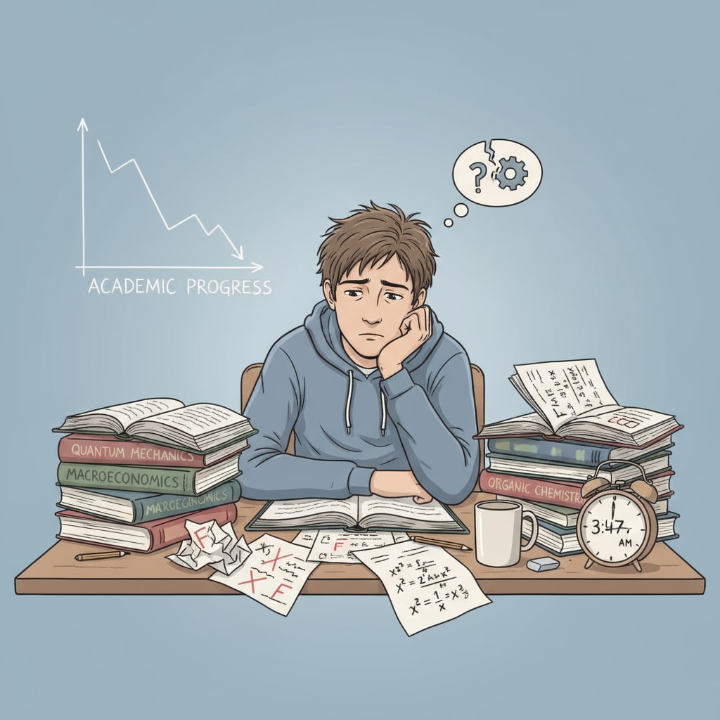 A student sitting at a desk, looking pensive, with books and papers around, representing the state of dealing with academic failure A student facing academic failure and deep in thought