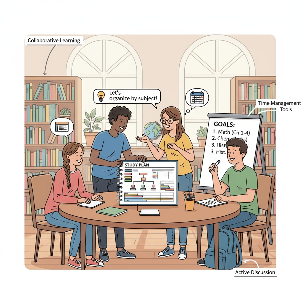 A group of students are engaged in a discussion about study plans in a library setting, showing an active learning environment. Students discussing study plans related to education, high school, and life planning in a library