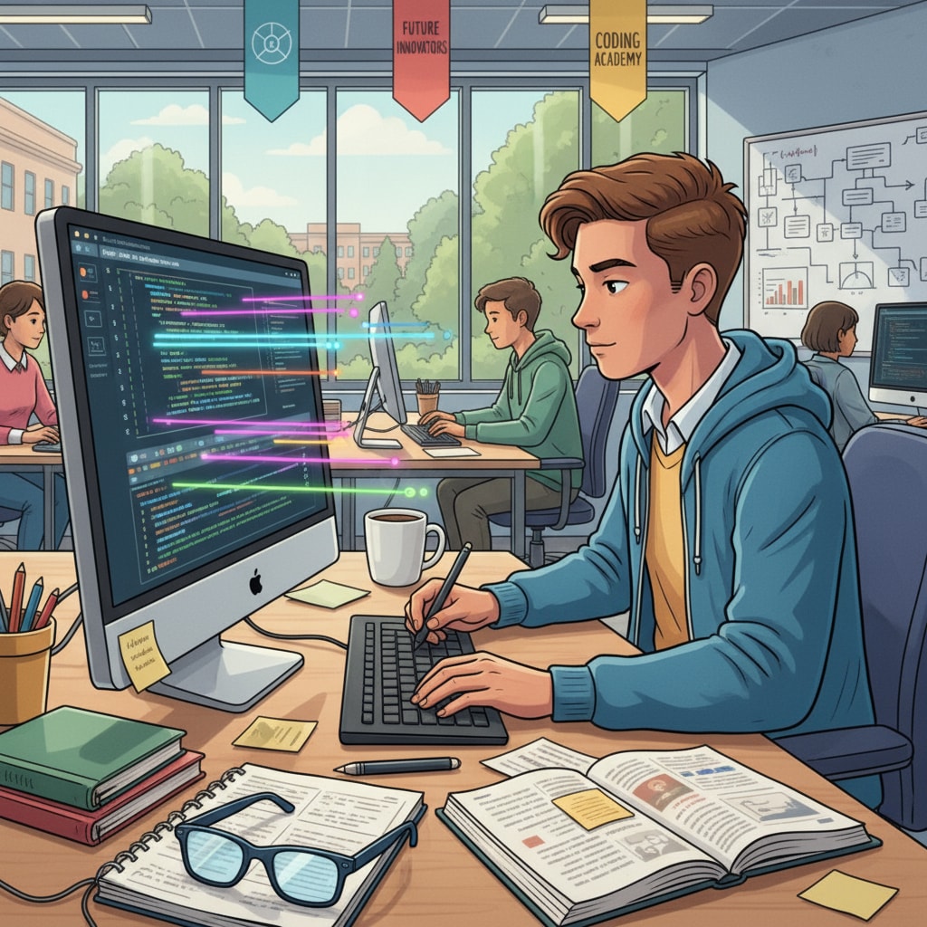 A student is concentrating on a coding project in a computer lab, indicating skill development in the technology field. A student working on a coding project as part of educational remedies for high school and life planning