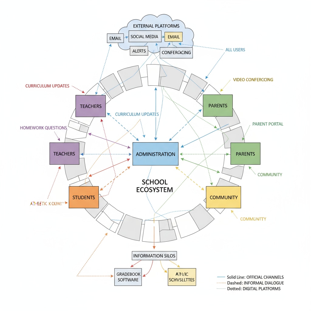 A visual representation of a complex and fragmented school communication network, with multiple lines and boxes indicating different information sources and platforms. A depiction of the fragmented nature of school communication systems related to school management, parent communication, and information management