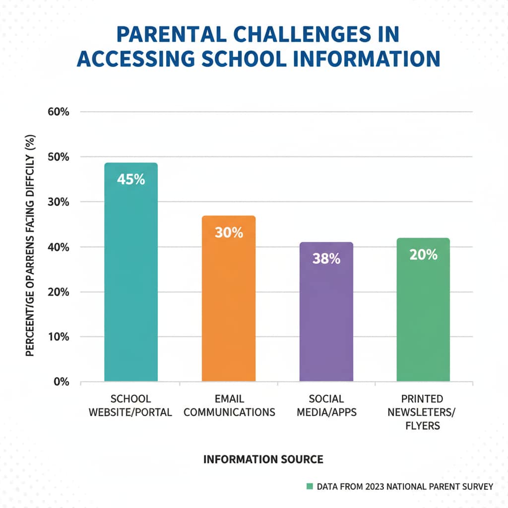 A bar graph showing the percentage of parents facing difficulties in accessing school information from multiple sources, with different bars representing different types of information sources. A graphical representation of the challenges parents face in accessing school information relevant to school management, parent communication, and information management
