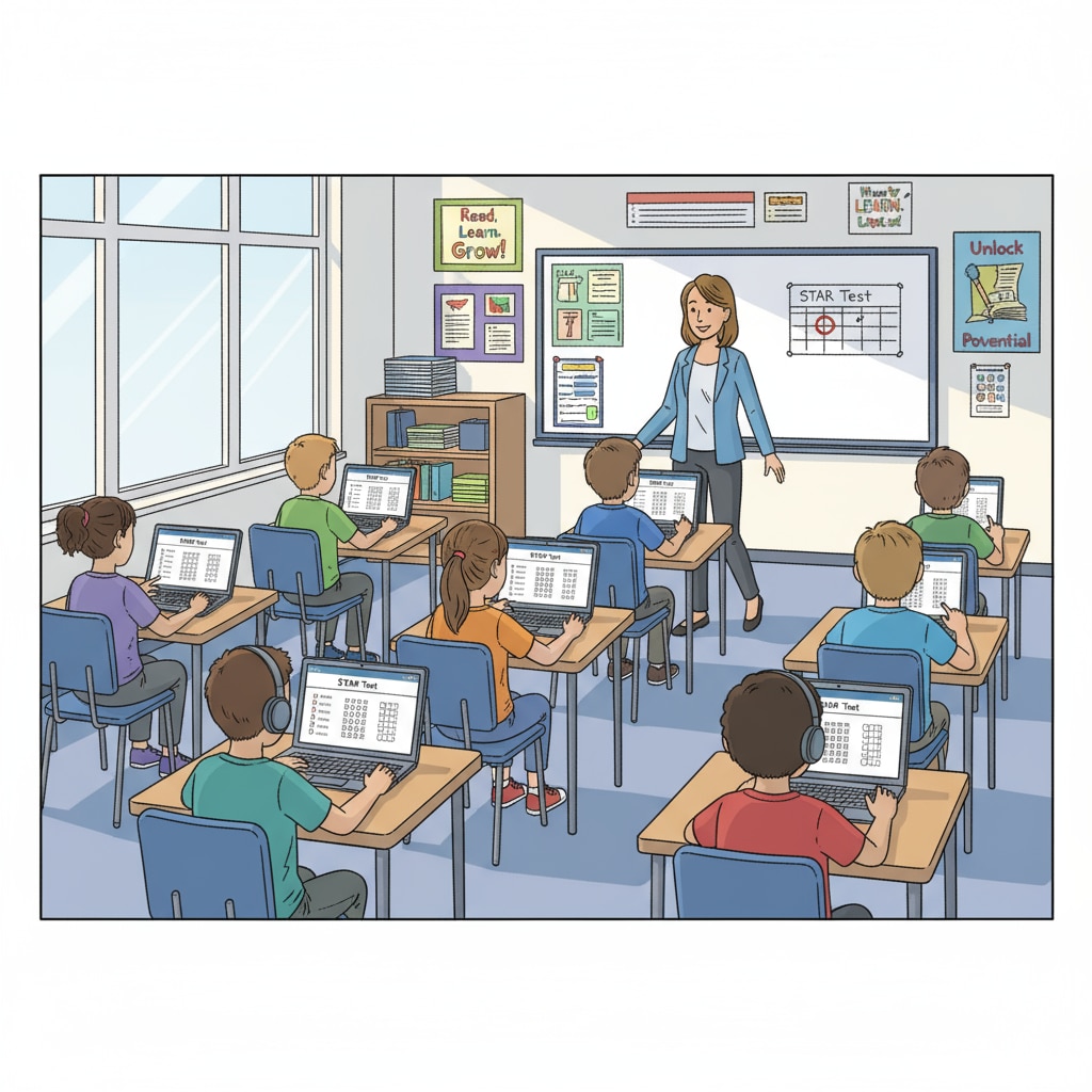 A group of students sitting at desks, concentrating on taking the STAR Test in a classroom environment. Students taking the STAR Test for academic assessment and percentile ranking determination.