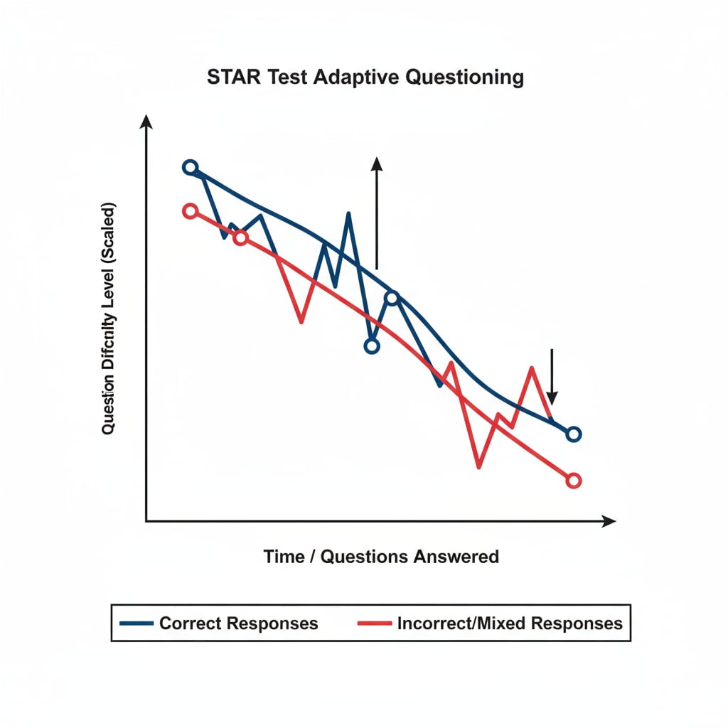 A line graph showing how the difficulty level of questions in the STAR Test adjusts based on the student's responses. Graph depicting the adaptive nature of the STAR Test related to academic assessment.