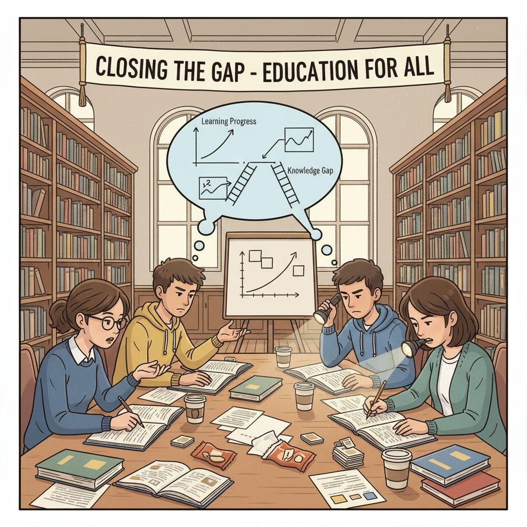 A group of students studying together in a library, representing the effort to make up for educational deficits Students making up educational deficits through group study