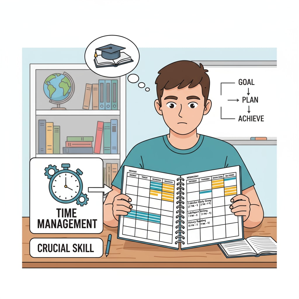 A student using a planner to manage study time, emphasizing the importance of time management as a key skill Student using a planner for time management to improve high school performance