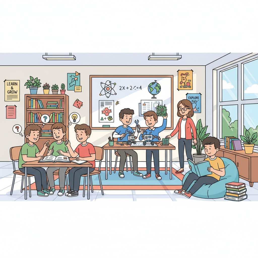 A classroom scene where students are actively participating in various learning activities, such as reading books, discussing ideas, and working on projects, which reflects the active learning atmosphere in K12 education. K12 classroom scene promoting lifelong learning for success