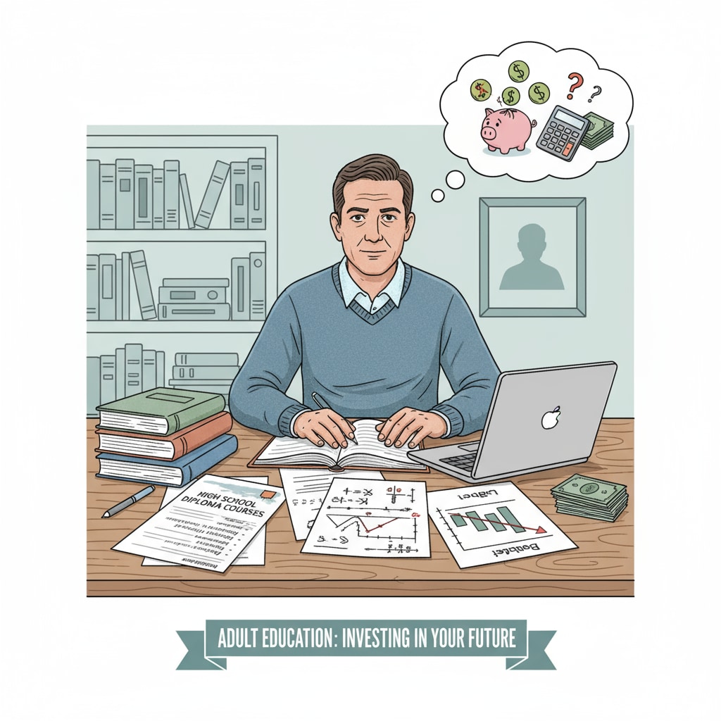 An adult is sitting at a desk, focused on studying materials related to high school diploma courses, showing the determination in adult education while dealing with financial concerns. Adult studying for high school diploma amidst financial burden