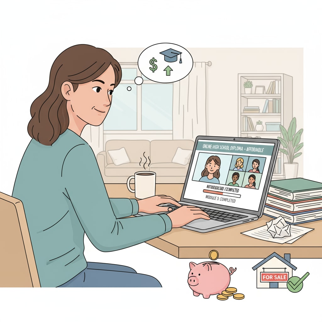 A person is attentively using a laptop to engage with an online high school diploma program, highlighting the accessible nature of online learning for adults on a budget. Adult accessing an online high school diploma program with financial considerations