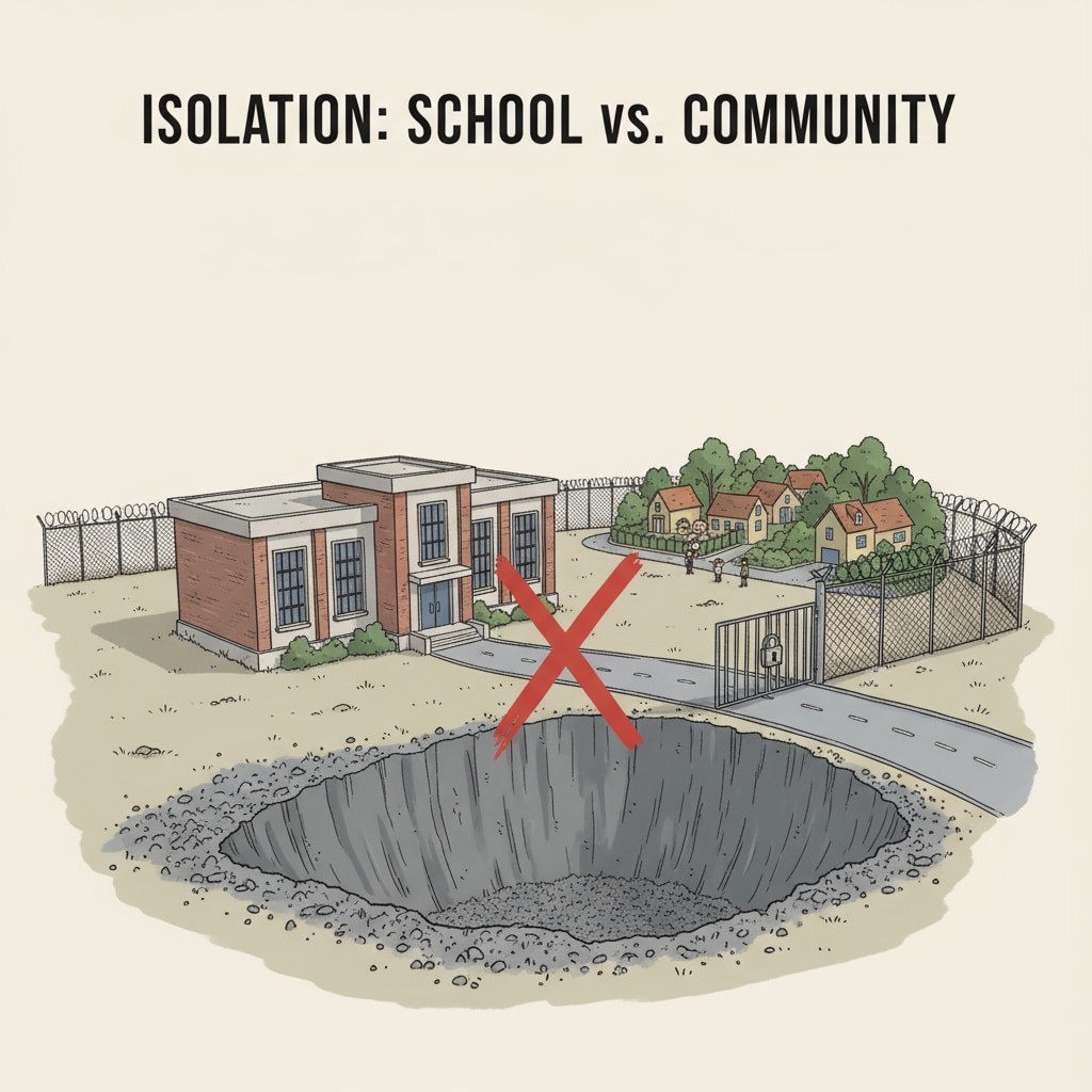 A school building stands alone, with a distinct boundary separating it from the surrounding community area, symbolizing the lack of connection between school and community. School independence and community separation in a modern town