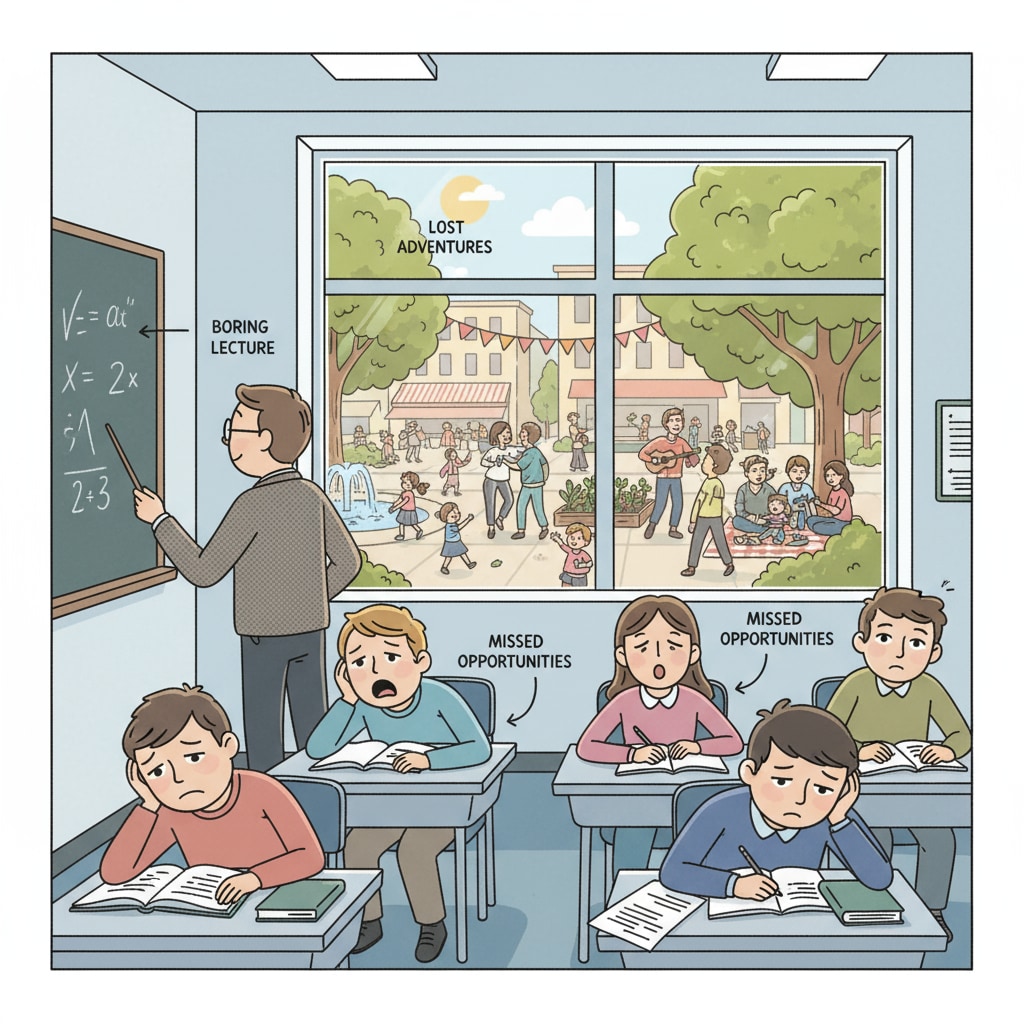 A group of students appears bored in a classroom while there are lively community activities taking place outside the window, highlighting the missed opportunities due to the separation. The impact of school-community separation on youth programs