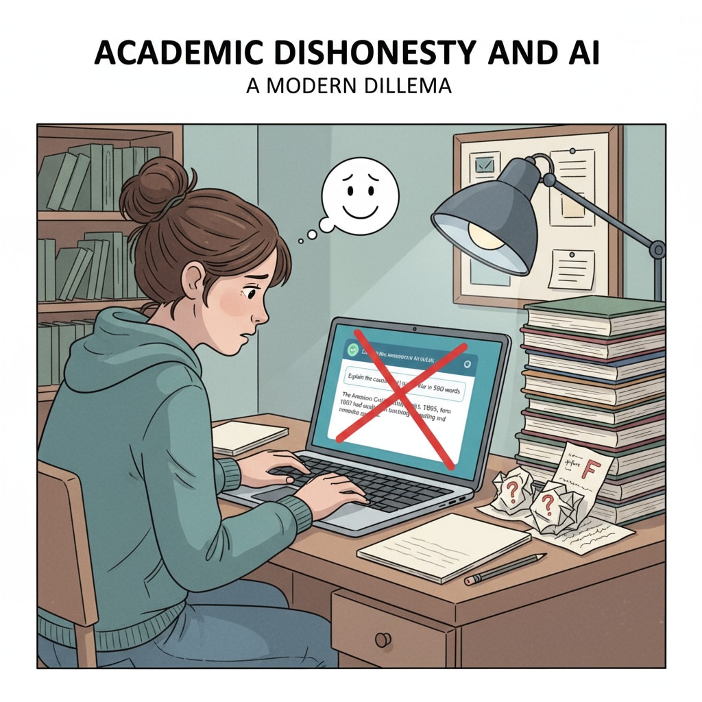 A student is sitting at a desk, looking at a laptop with ChatGPT open, with a stack of homework papers beside. This shows the scenario of how students might use AI for cheating in homework. A student using ChatGPT for potential homework cheating