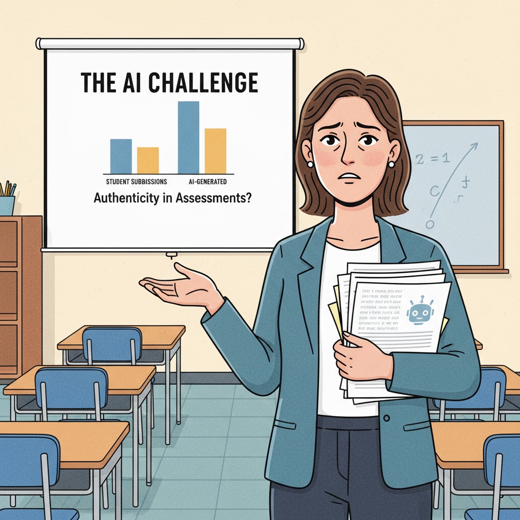A teacher standing in front of a classroom, looking concerned while holding a stack of papers suspected of AI-generated content. This depicts the challenge teachers face in dealing with AI-assisted cheating. A teacher facing the challenge of AI-assisted cheating in student papers