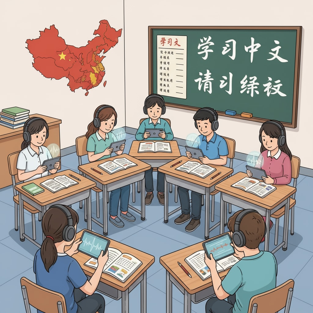 Students are sitting in a Chinese language class, wearing headphones and listening intently to audiobooks on their devices. Students listening to audiobooks in a Chinese language class for better understanding of the language and improving reading fluency.