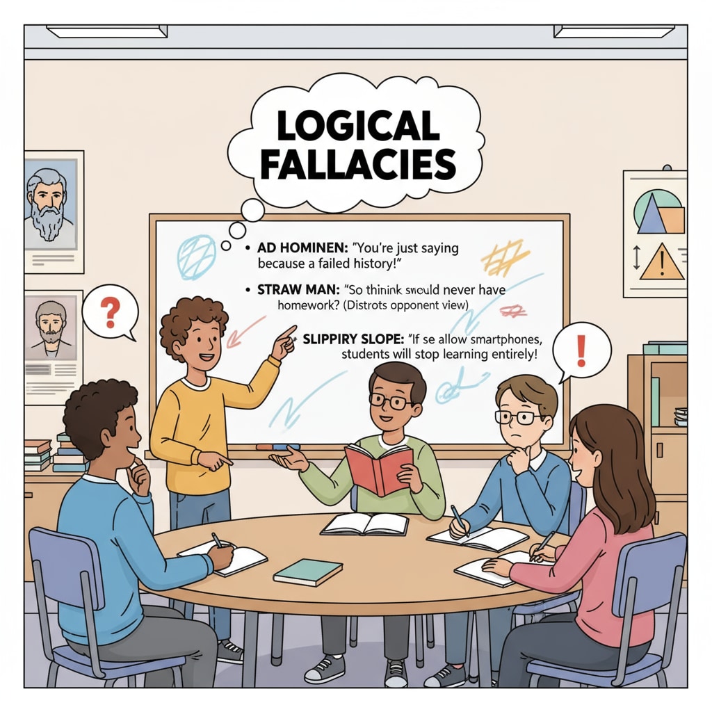 A group of high school students is engaged in a lively discussion about logical fallacies in a classroom setting. They are looking at a whiteboard with examples of fallacies written on it. High school students discussing logical fallacies, critical thinking, and propaganda recognition in a classroom