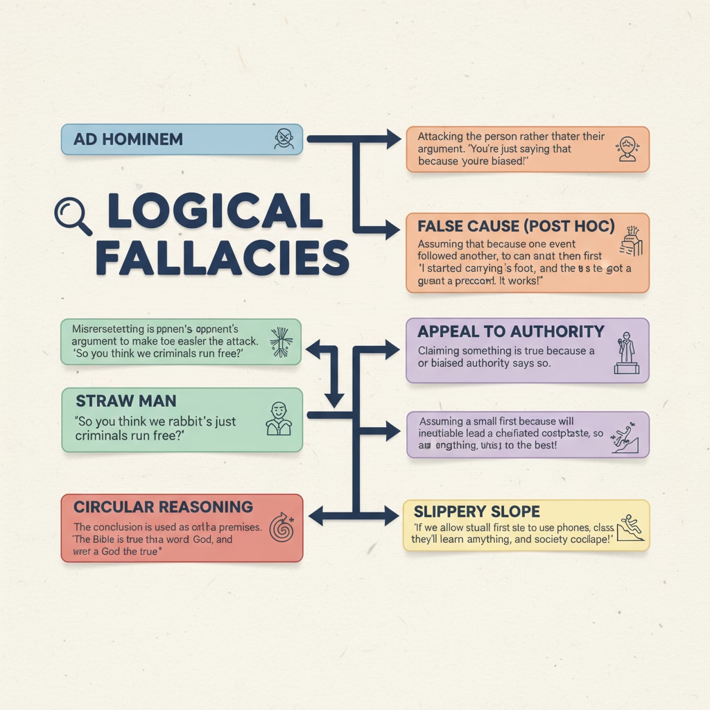 A diagram that visually explains different types of logical fallacies, with arrows connecting the fallacy names to their descriptions. Diagram of logical fallacies for enhancing critical thinking and propaganda recognition