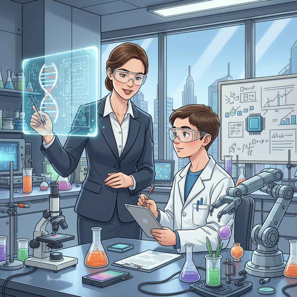 A business professional mentoring a student in a STEM lab Business professional mentoring a student in a STEM lab for effective STEM education partnerships