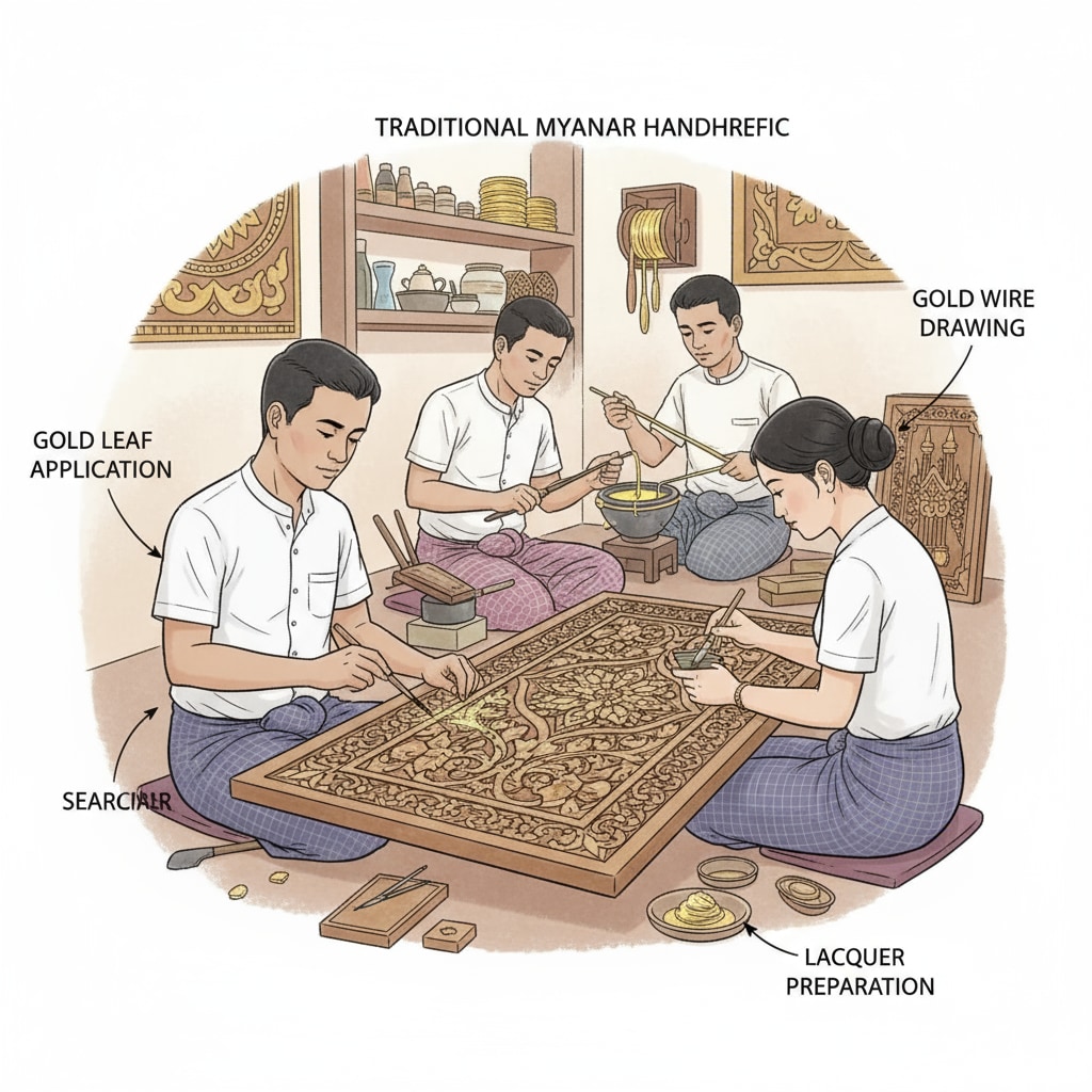 A group of Myanmar artisans working on a gold-inlaid traditional handicraft Myanmar artisans engaged in creating a gold-inlaid traditional handicraft, representing the country's cultural and artistic heritage