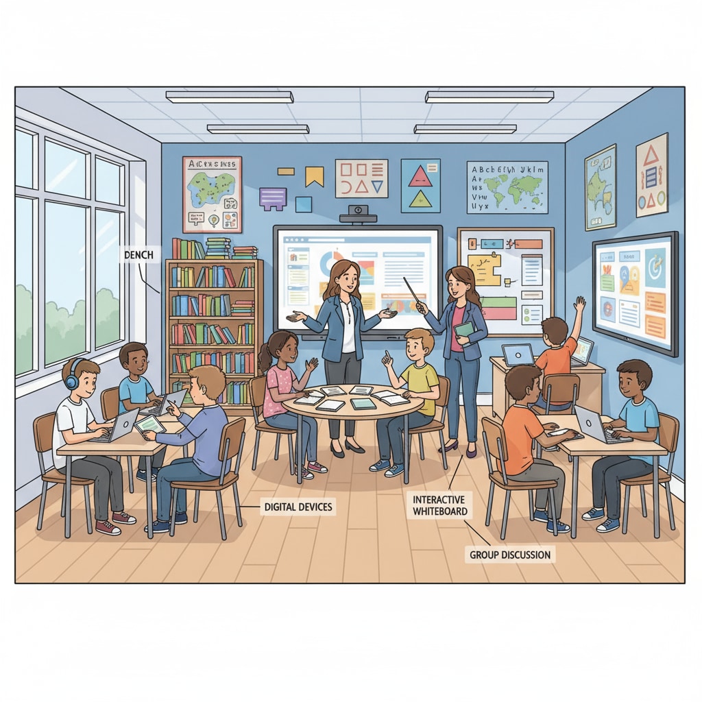 A classroom scene where students are engaged in a blended learning activity, some using digital devices while others are in group discussions with the teacher Blended learning activity in a classroom related to Blended Teaching Cycle Theory