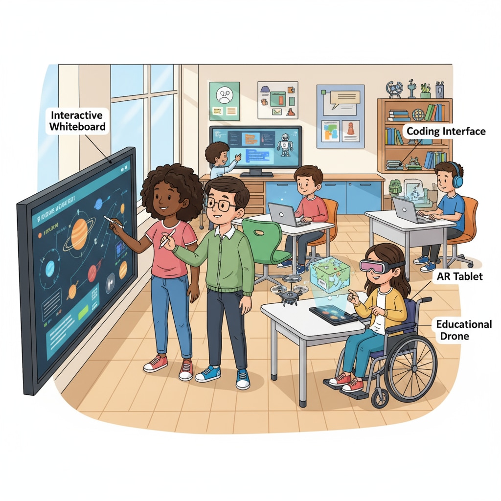 A diverse group of students actively interacting with various educational technology tools in a modern K12 classroom Students engaging with educational technology tools in a K12 classroom