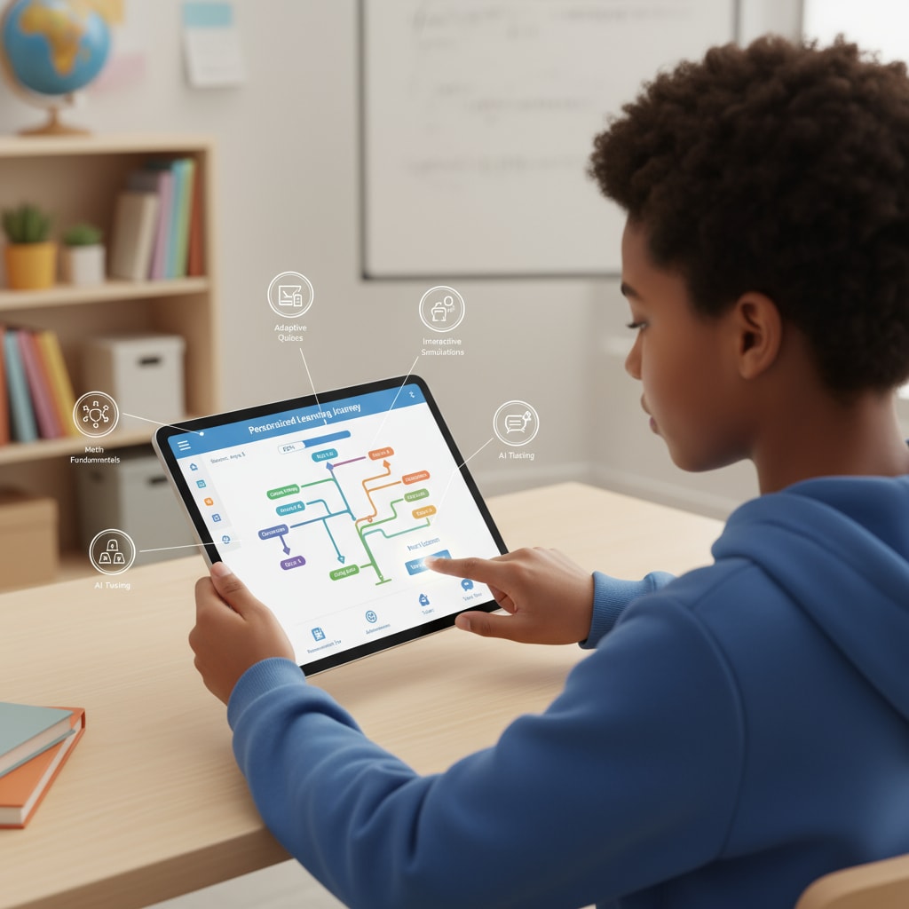 A student using personalized learning software on a tablet, with an interface showing customized learning paths Student using personalized learning software for enhanced classroom learning