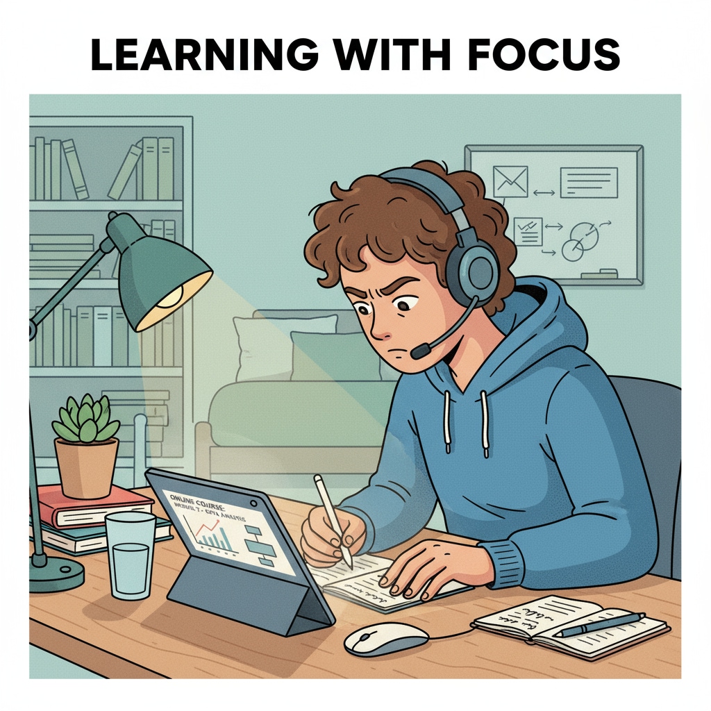 A student is attentively engaged in an online learning session at a neatly arranged desk, exuding focus and determination. A focused student in an online learning environment related to productivity, procrastination, and mental health
