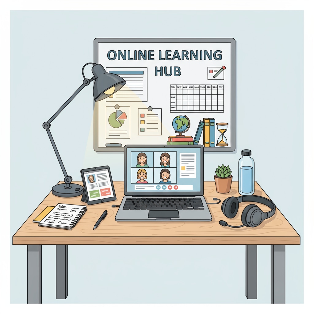 A well-organized study desk equipped with essential items for online learning, promoting a conducive environment for productivity. A clean study desk setup for online learning associated with productivity, procrastination, and mental health
