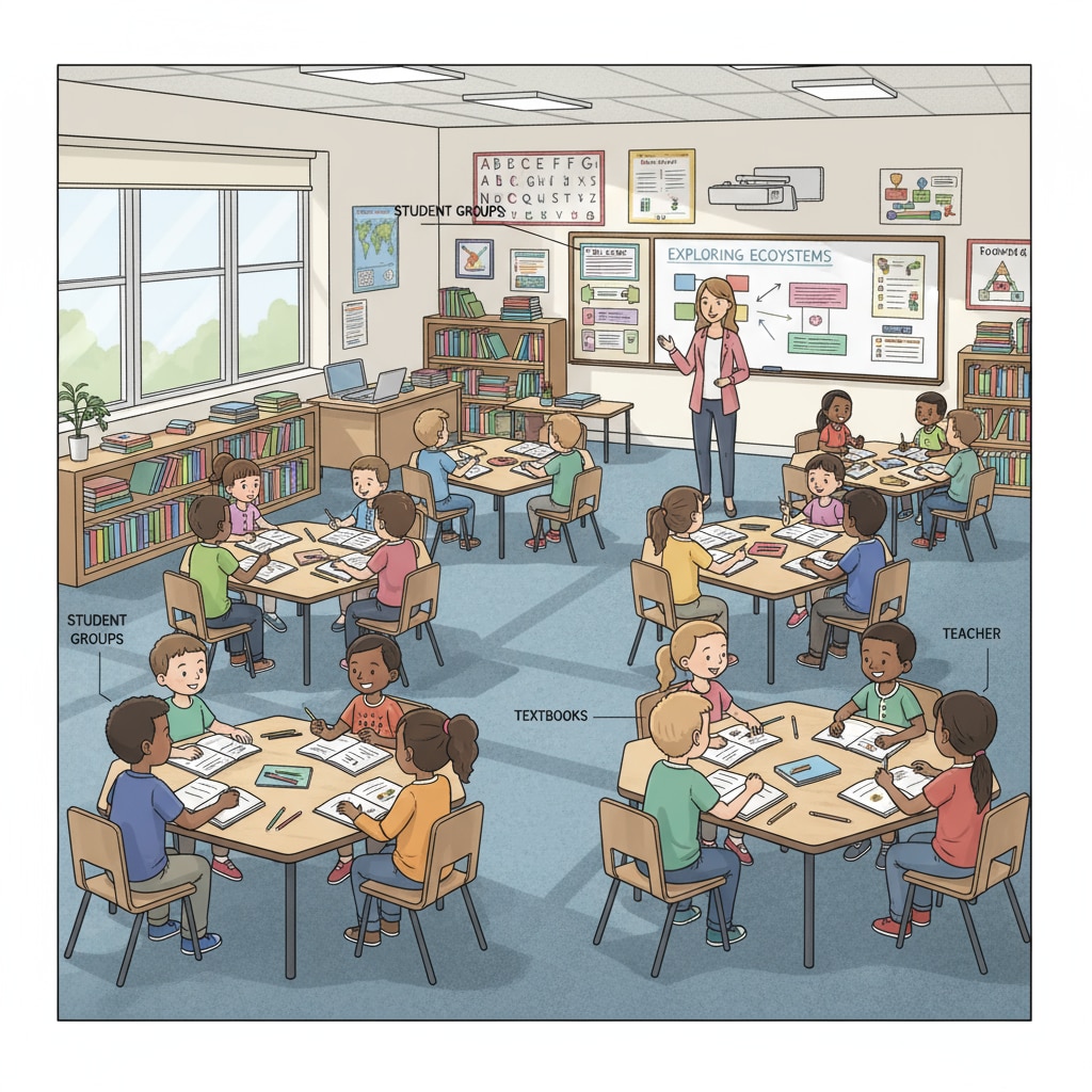 A classroom scene in an American K12 school, with students sitting in groups, actively discussing a topic, with textbooks and notebooks on the desks. Classroom scene in an American K12 school related to American and Chinese education systems