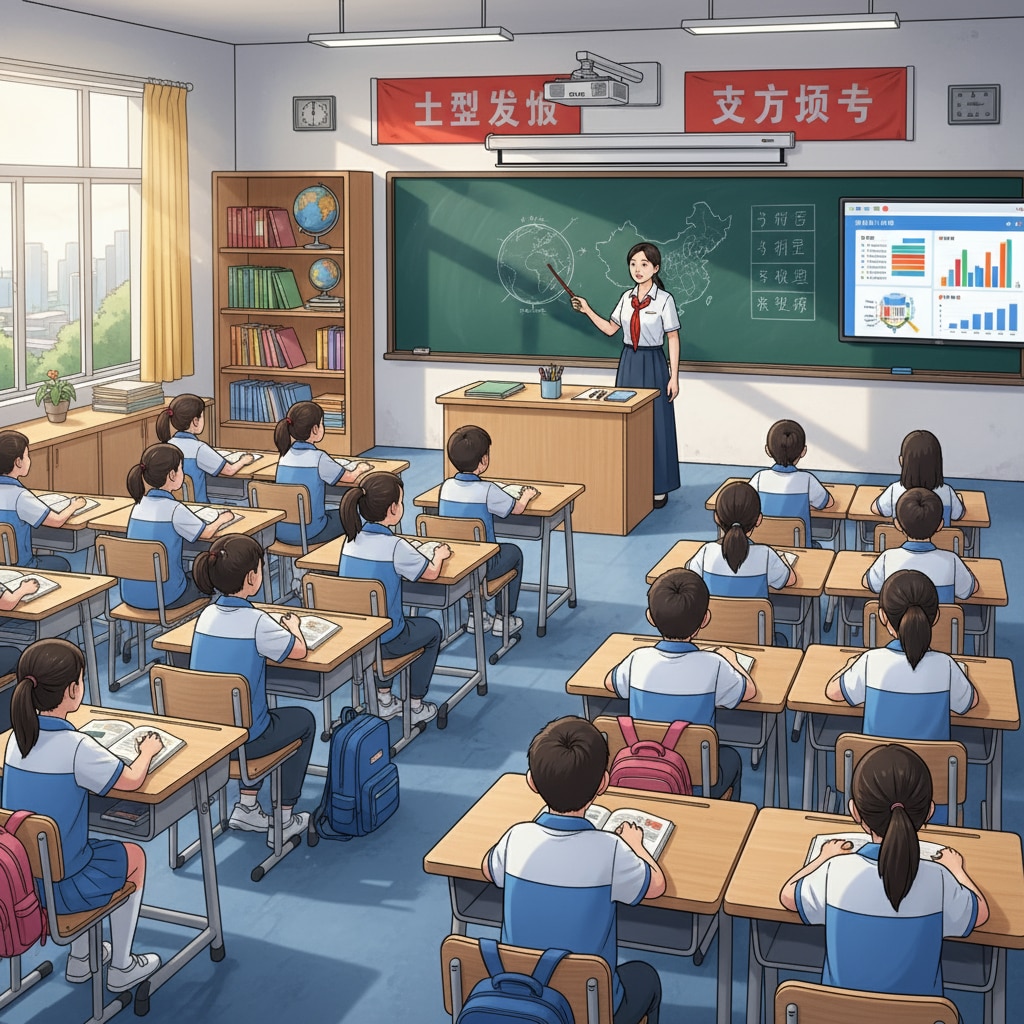 A Chinese K12 classroom, students are sitting upright, listening attentively to the teacher at the front of the class, with blackboards and teaching materials visible. Classroom scene in a Chinese K12 school related to American and Chinese education systems